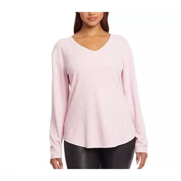 Chaser Tops - Chaser Waffle Knit Thermal Top Size Large V Neck Long Sleeve Pink Relaxed Staple